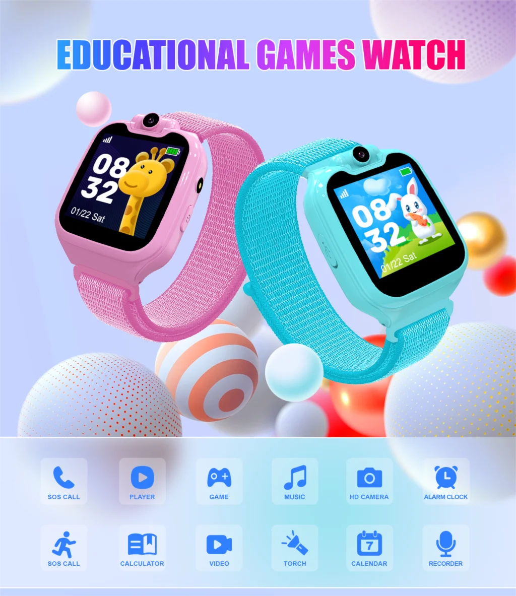 1.54inch Kids Smart Phone Watch with 16 Games, Rotatable Camera, and Nylon Strap