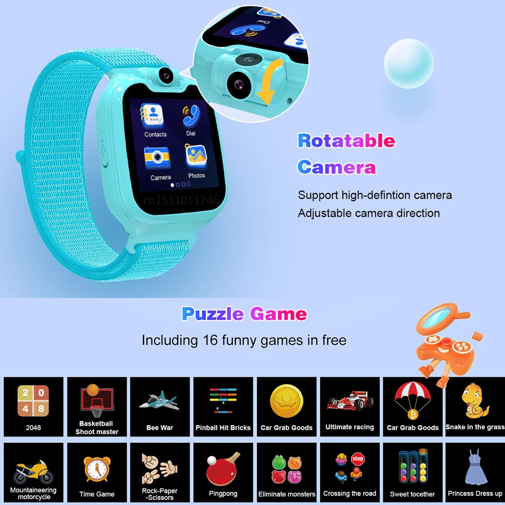 1.54inch Kids Smart Phone Watch with 16 Games, Rotatable Camera, and Nylon Strap