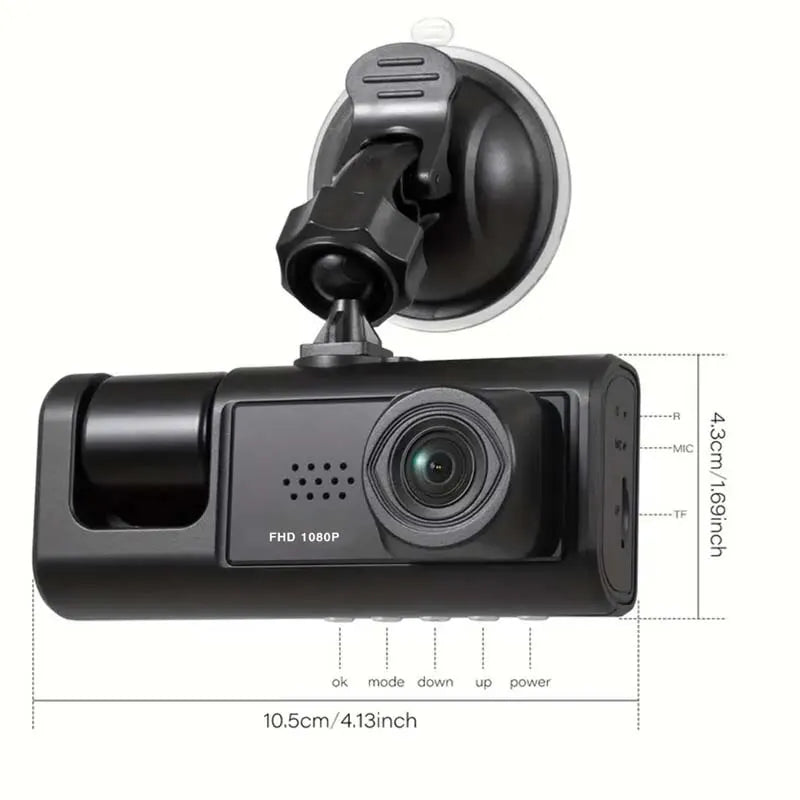 Dash Cam with IR Night Vision, Loop Recording, and 2" IPS Screen - 1080P, 3 Camera System