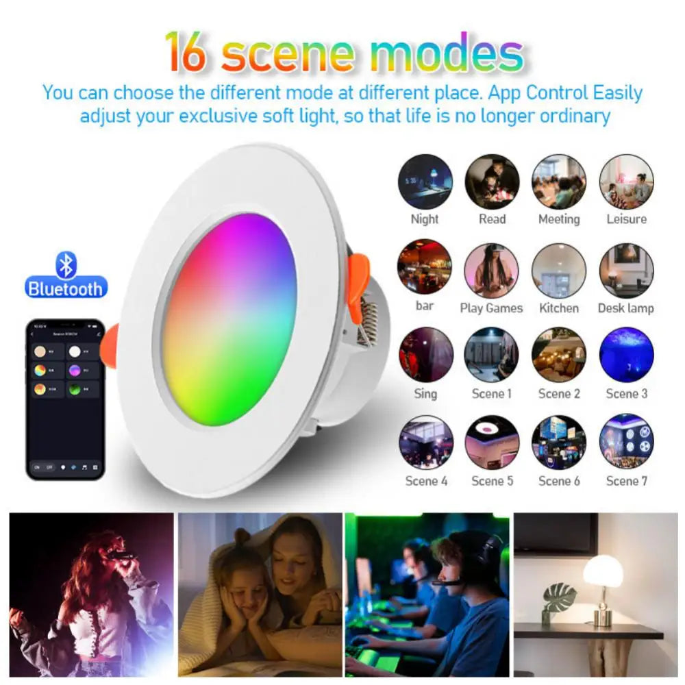 Smart RGB Dimmable Bluetooth-Compatible LED Downlight - Colorful Recessed Round Light for Smart Homes (110V/220V)