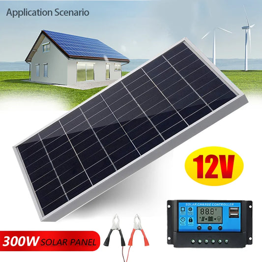 300W 12V Solar Panel Kit - Complete Polycrystalline USB Power, Portable Outdoor Rechargeable Solar Cell, Solar Generator for Home