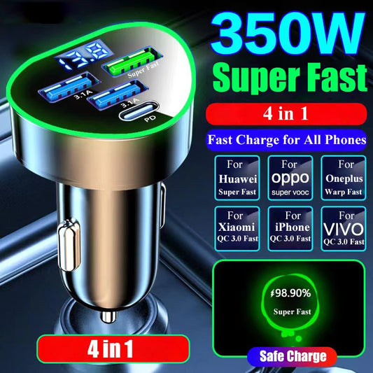 Car Phone Charger USB Type C - Super Fast Charge with LED Voltage Monitor for iPhone, Samsung, Huawei, OnePlus, Vivo, Oppo