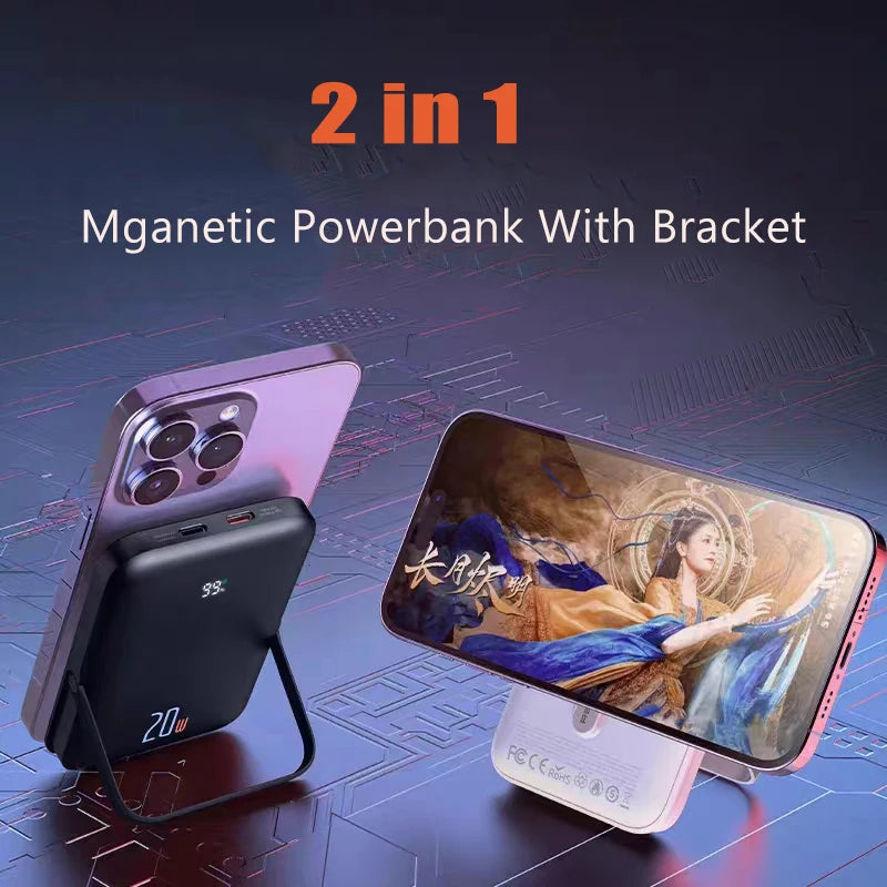 Travel 10000mAh Powerbank for MagSafe - Fast Charge Wireless Charger & External Battery with Bracket for iPhone 15/14/13