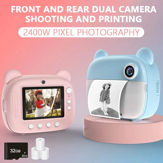 Children's Digital Instant Print Camera - Thermal Photo Printing, Video Recorder, 32GB Memory Card Included