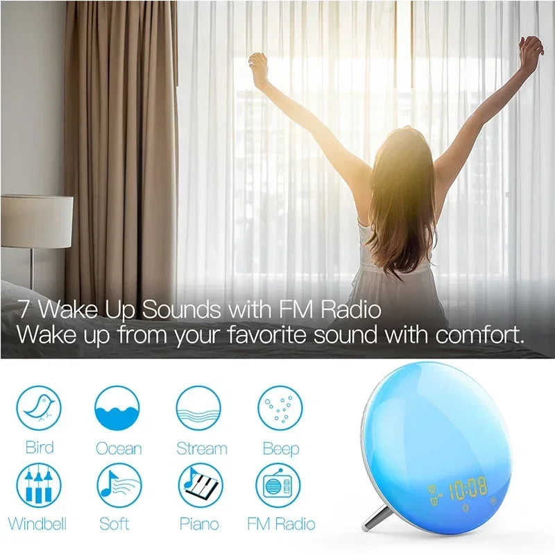 WiFi Smart Wake Up Light Workday Clock with Sunrise/Sunset Simulation, 4 Alarms, and Voice Control