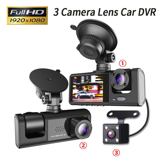 3 Channel Car DVR HD 1080P 3-Lens Dash Cam - Inside Vehicle Video Recorder