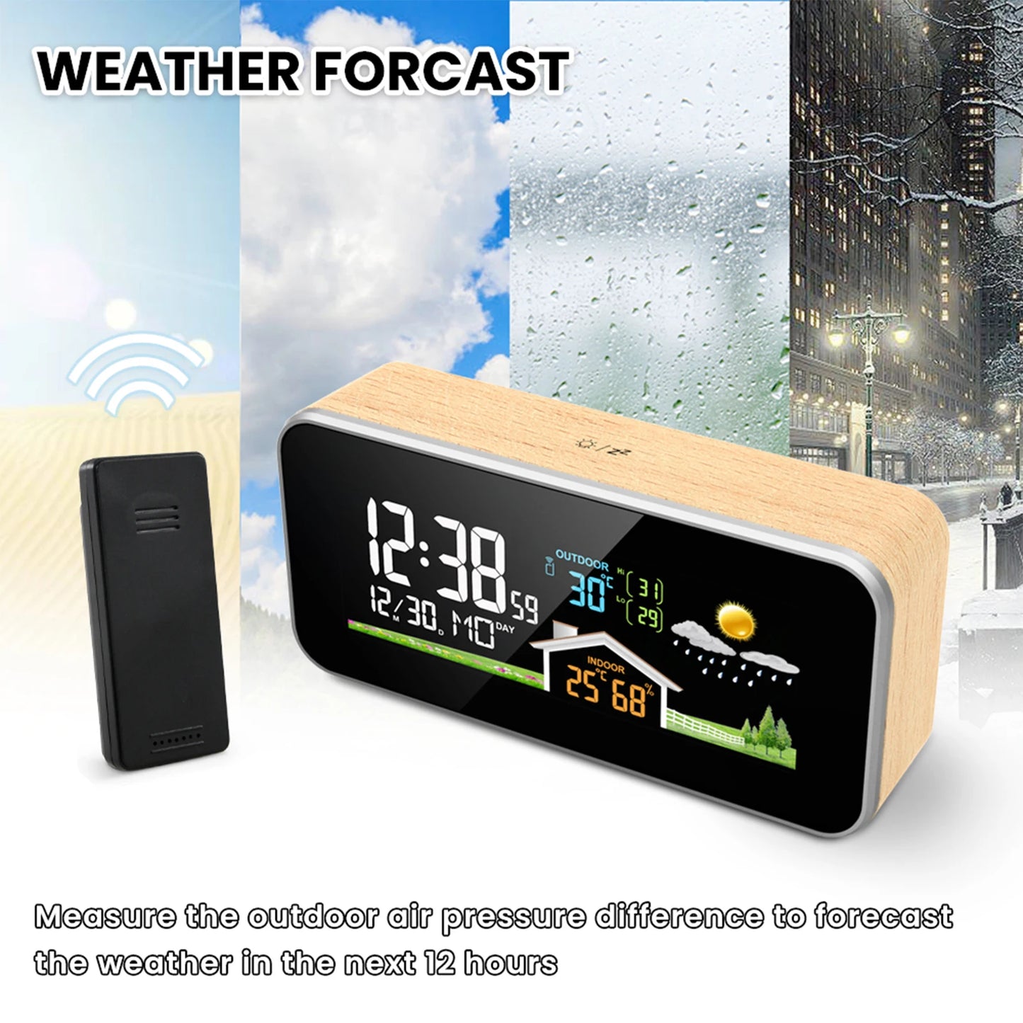 Wood Digital Alarm Clock with Wireless Charging, LED Display, Thermometer, and Humidity Sensor