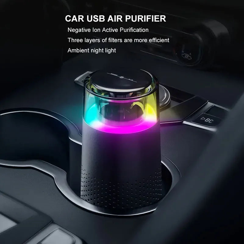 Negative Ion Air Purifier with HEPA Filter - Small USB Air Freshener with LED Lights for Cars and Home