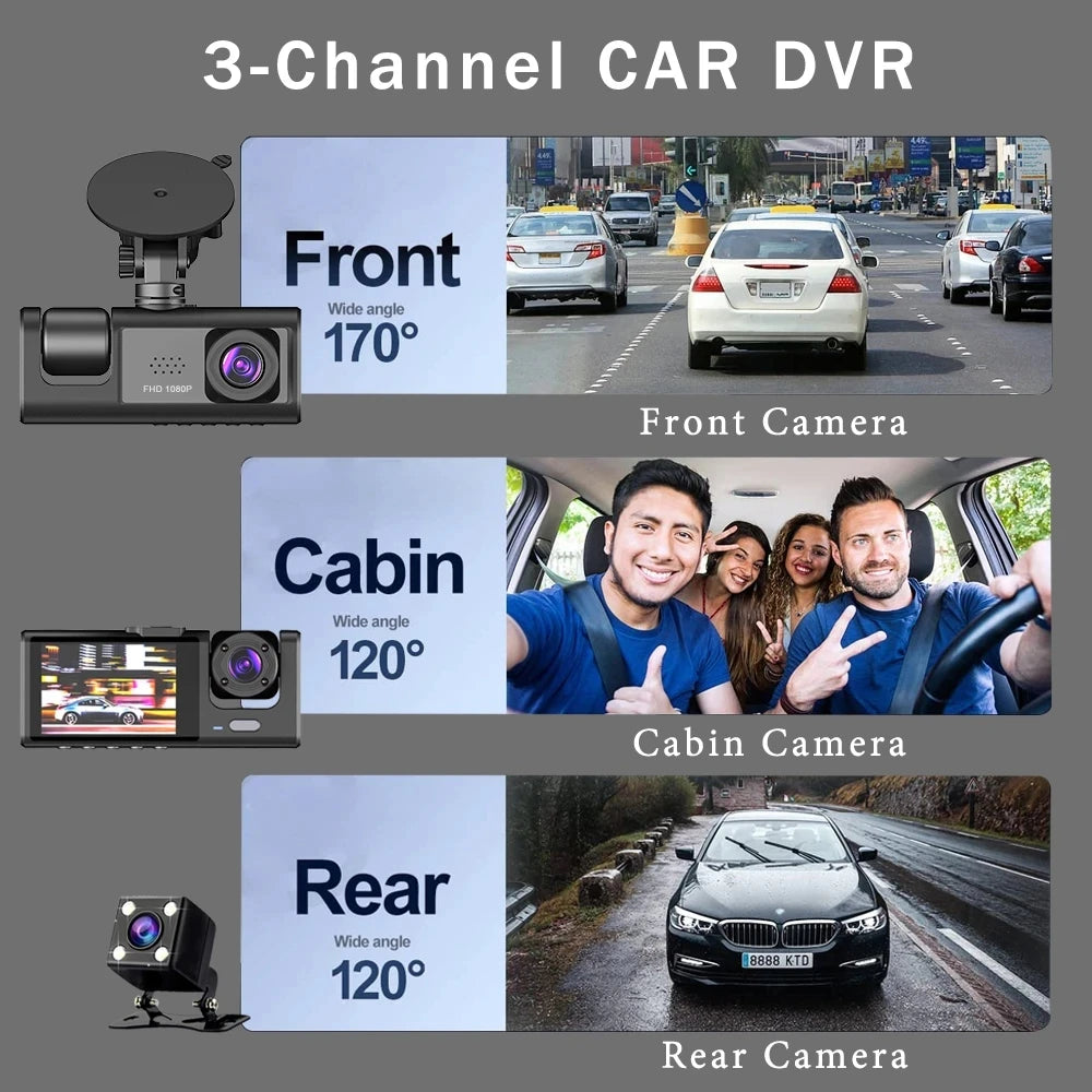 3 Channel Car DVR HD 1080P 3-Lens Dash Cam - Inside Vehicle Video Recorder