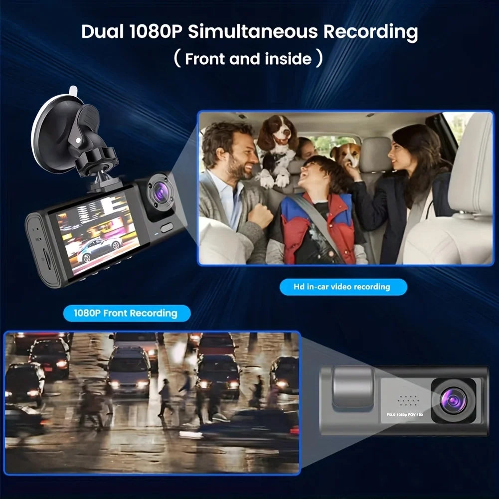 Dash Cam with IR Night Vision, Loop Recording, and 2" IPS Screen - 1080P, 3 Camera System