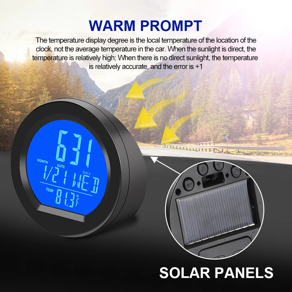 Solar Car Dashboard Thermometer and LED Digital Clock - Automotive Electronic Clock with Backlit Display and Luminous Car Accessories