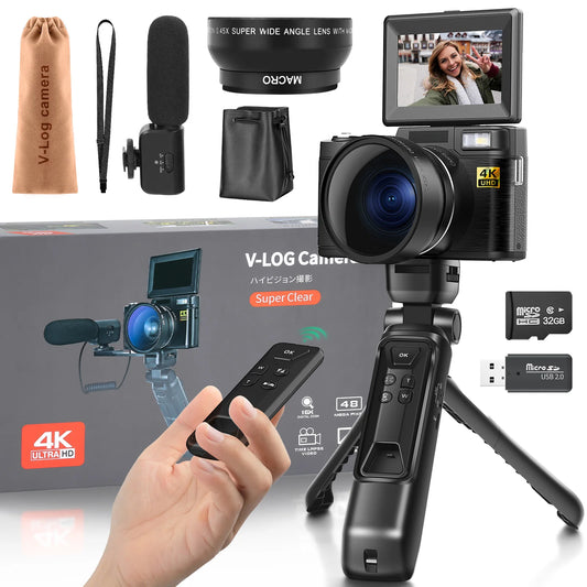 G-Anica 4K Digital Camera for Photography - 48MP Video Camera for YouTube Vlogging Kit with Microphone & Remote Control Tripod Grip