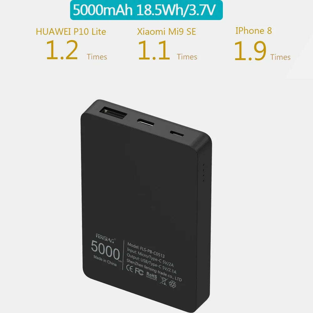 FERISING Slim Mini Power Bank 5000mAh - Portable USB Type-C External Battery Charger for Xiaomi