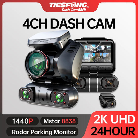 TiESFONG M10max 2K 1440P Dash Cam - 4CH 360° Car DVR, 24-Hour Parking Monitor, GPS, Night Vision, Auto Video Recorder, Supports up to 256GB