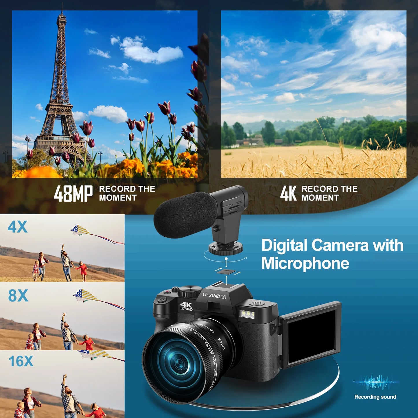 G-Anica 4K Digital Camera for Photography and Video - 48MP Vlogging Camera with Microphone, Rotatable Screen, and 32GB TF Card