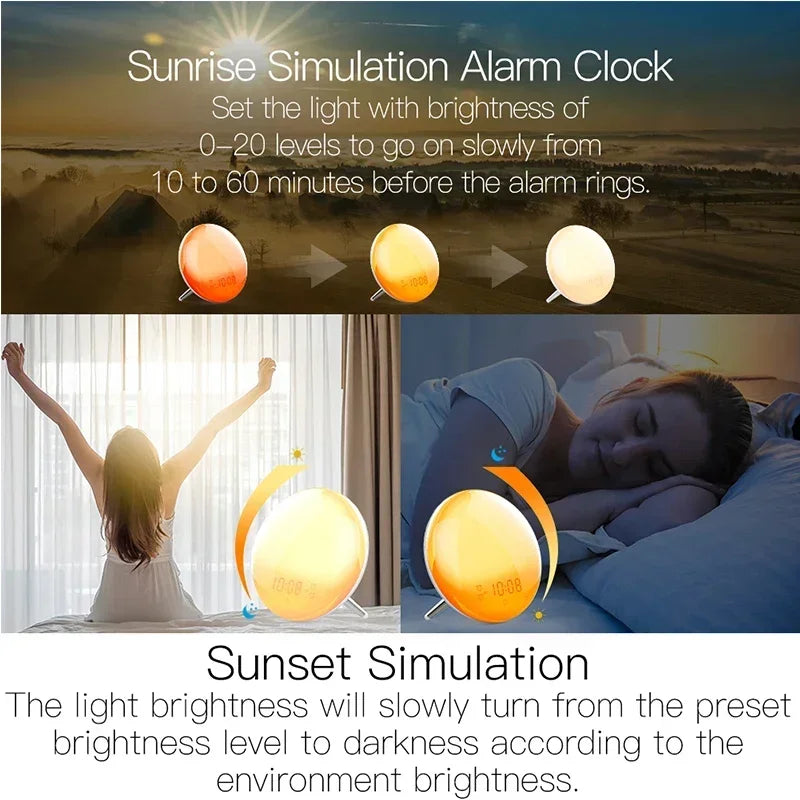 WiFi Smart Wake Up Light Workday Clock with Sunrise/Sunset Simulation, 4 Alarms, and Voice Control