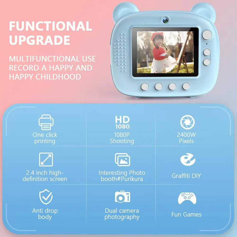 Children's Digital Instant Print Camera - Thermal Photo Printing, Video Recorder, 32GB Memory Card Included