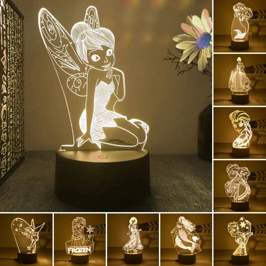 2023 Cute Disney Princess Cartoon Figure Night Light - Fairy Tinkerbell 3D LED Table Lamp