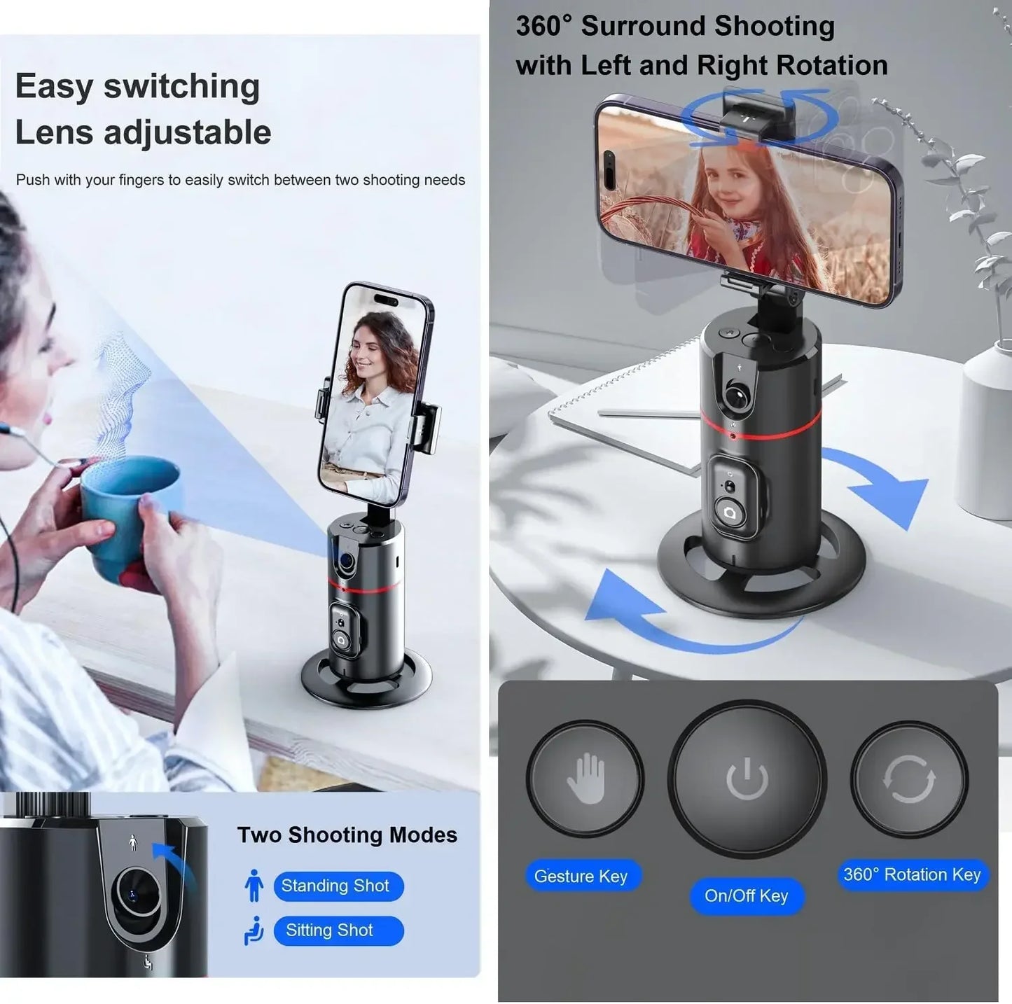 Auto Face Tracking Tripod with Remote - 360° Rotation Auto Tracking Phone Holder Smart Tracking Phone Stand Moving Tripod for iPhone Content Creator Essentials for Video Vlog Live Stream, No App Required