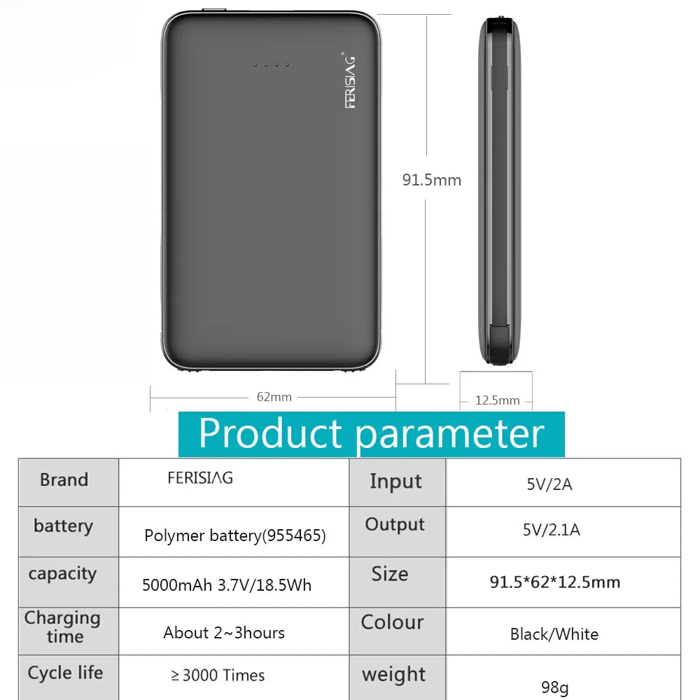 FERISING 5000mAh Power Bank - USB Type-C Mini Portable Charger, External Battery for Mobile Phones