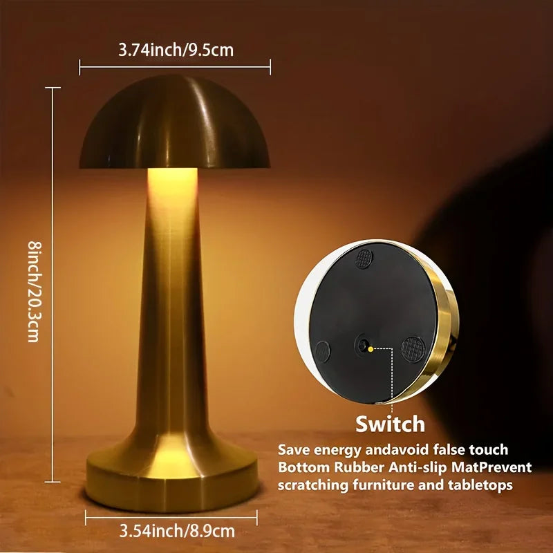 3 Color Mushroom Table Light - Touch-Sensitive Office Lamp, Dimmer Adjustable Desk Lighting, Rechargeable Table Lamp