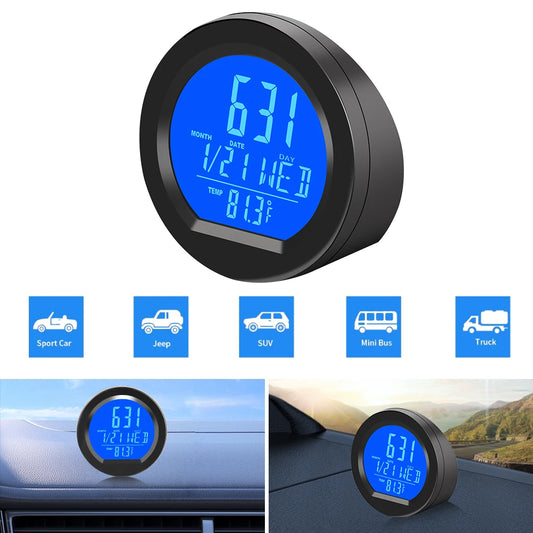 Solar Car Dashboard Thermometer and LED Digital Clock - Automotive Electronic Clock with Backlit Display and Luminous Car Accessories