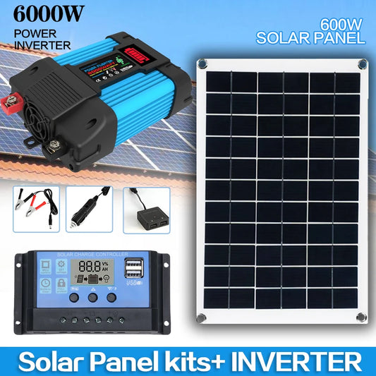 12V to 110V/220V Solar Panel System - 600W Battery Charge Controller & 6000W Solar Inverter Kit, Complete Power Generation