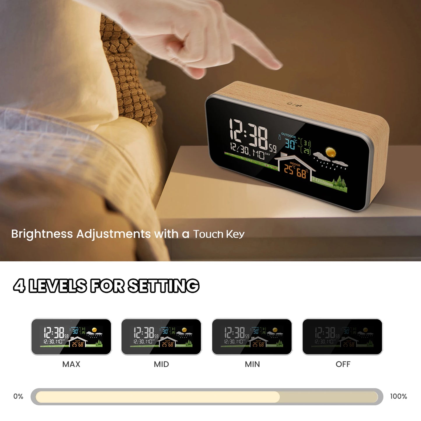 Wood Digital Alarm Clock with Wireless Charging, LED Display, Thermometer, and Humidity Sensor