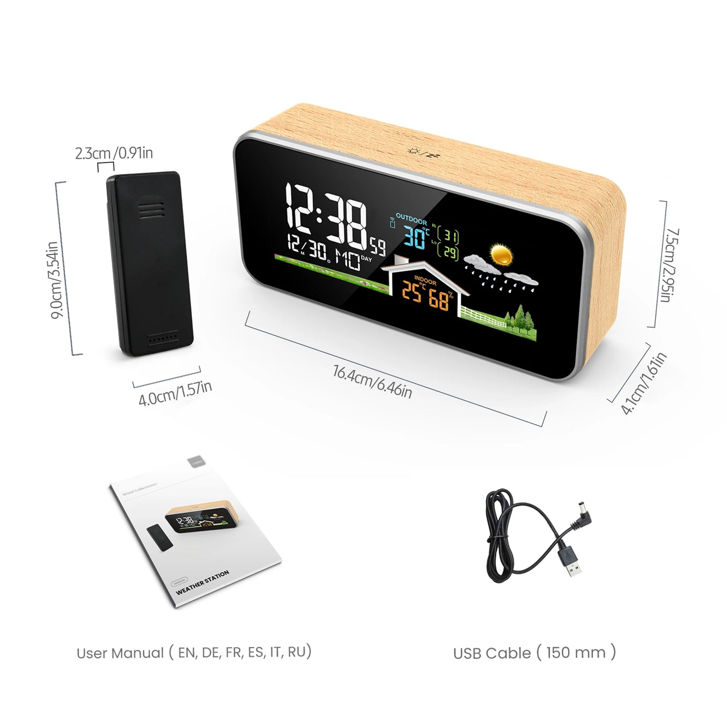 Wood Digital Alarm Clock with Wireless Charging, LED Display, Thermometer, and Humidity Sensor