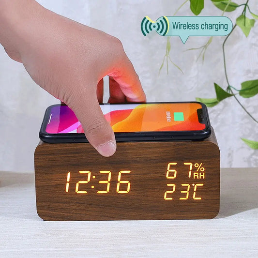 Wood Digital Alarm Clock with Wireless Charging, LED Display, Thermometer, and Humidity Sensor