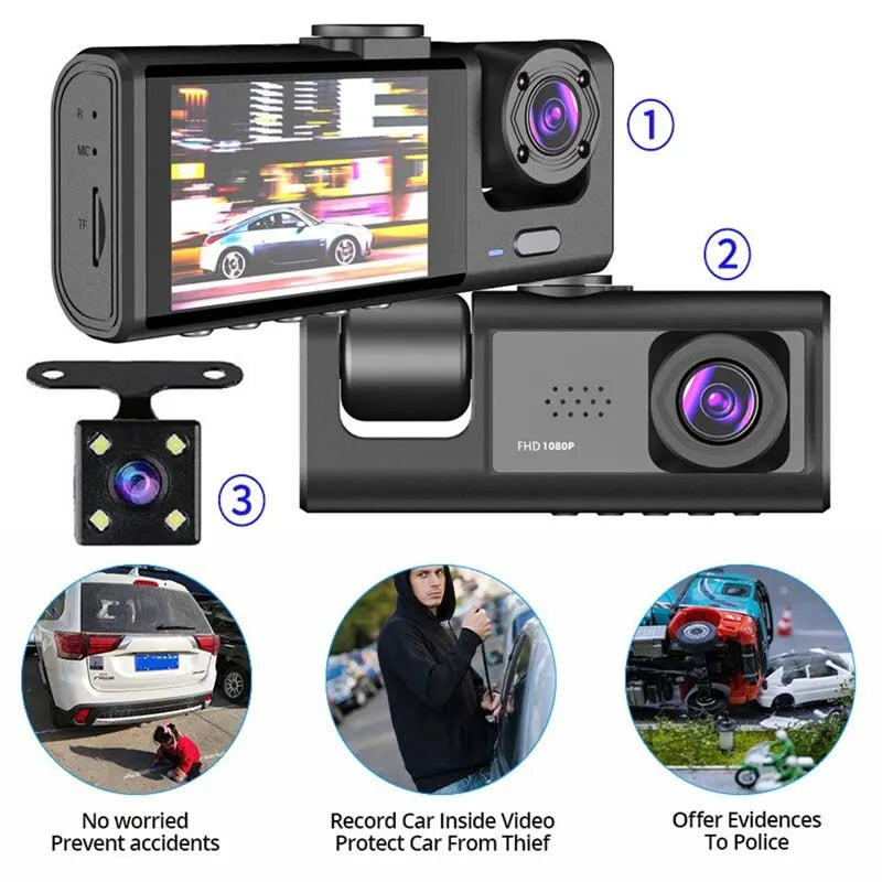 Dash Cam with IR Night Vision, Loop Recording, and 2" IPS Screen - 1080P, 3 Camera System