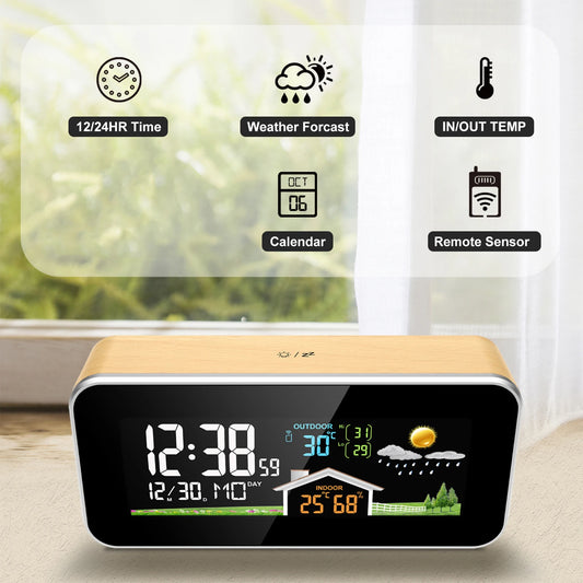 Wood Digital Alarm Clock with Wireless Charging, LED Display, Thermometer, and Humidity Sensor