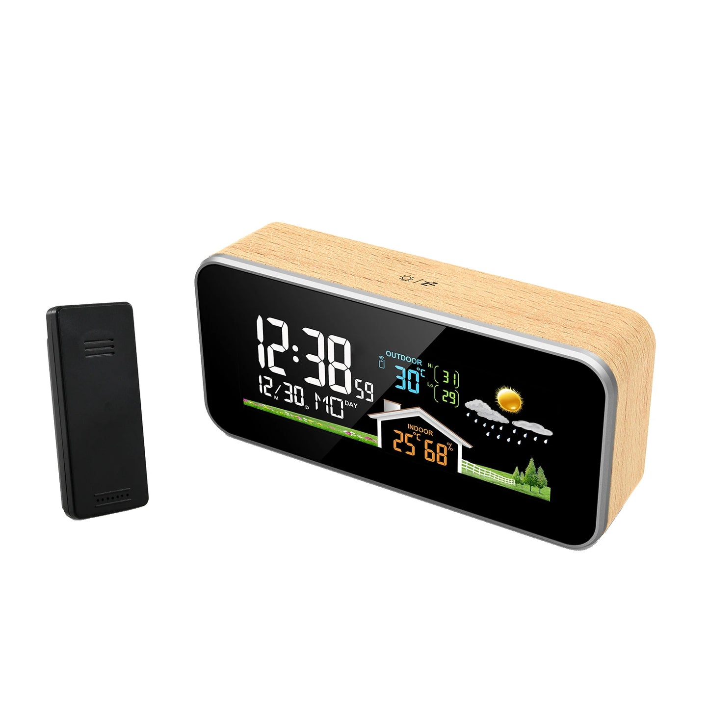 Wood Digital Alarm Clock with Wireless Charging, LED Display, Thermometer, and Humidity Sensor